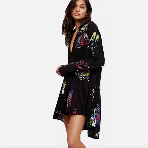 Free People Tops - Free People Medium Field of Butterflies Tunic Dress Top High Low Black